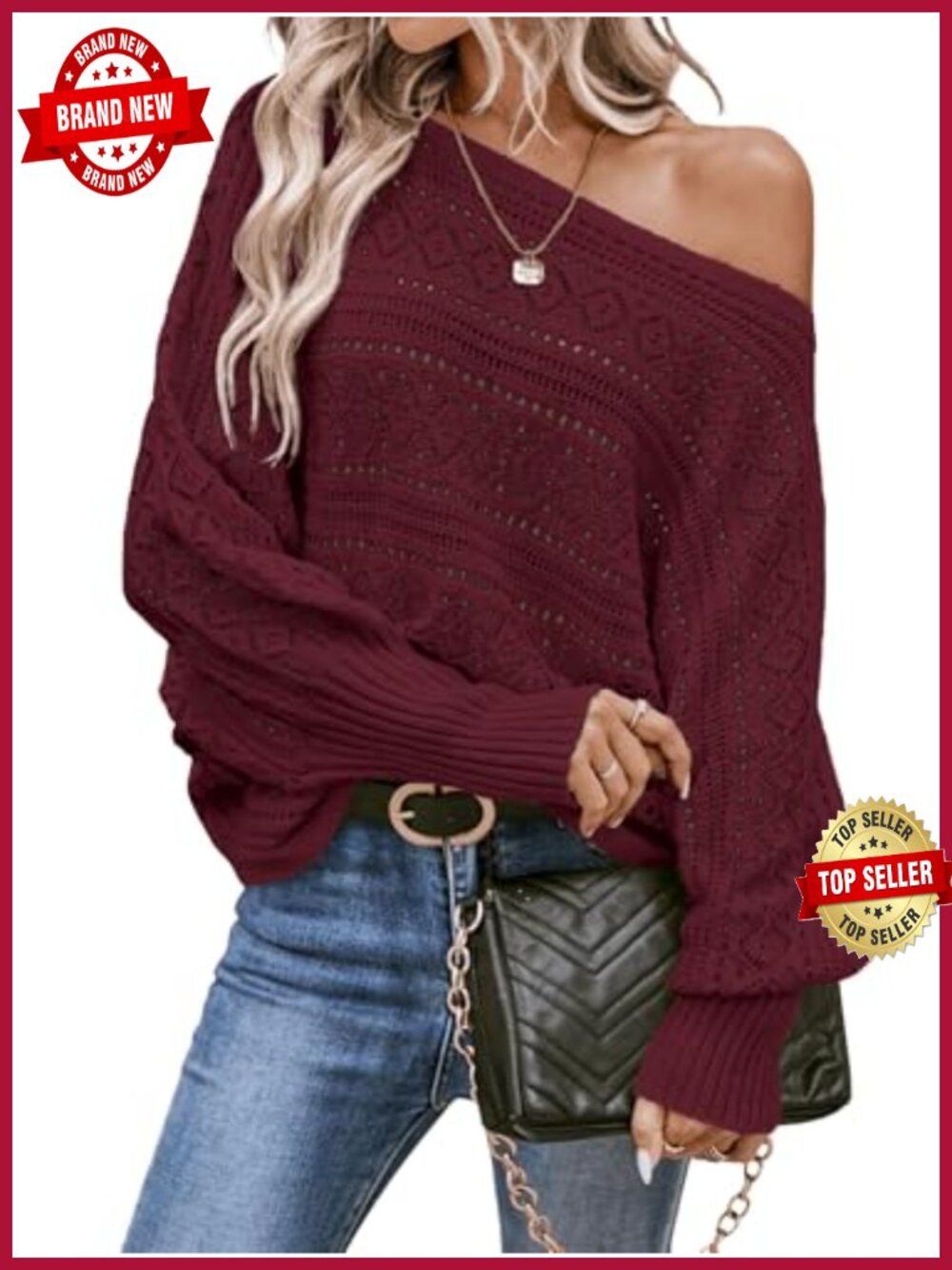 Off The Shoulder Crochet Dolman Sleeve Oversized Sweater Pullover
